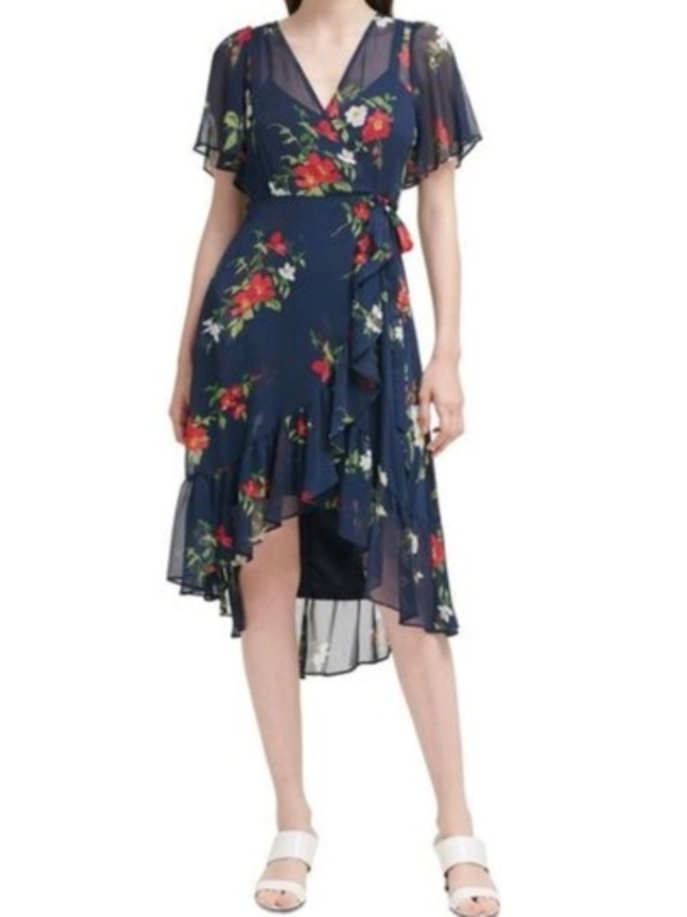 Calvin Klein Floral Faux-Wrap High-Low Chiffon Dress 16 - Picture 4 of 4